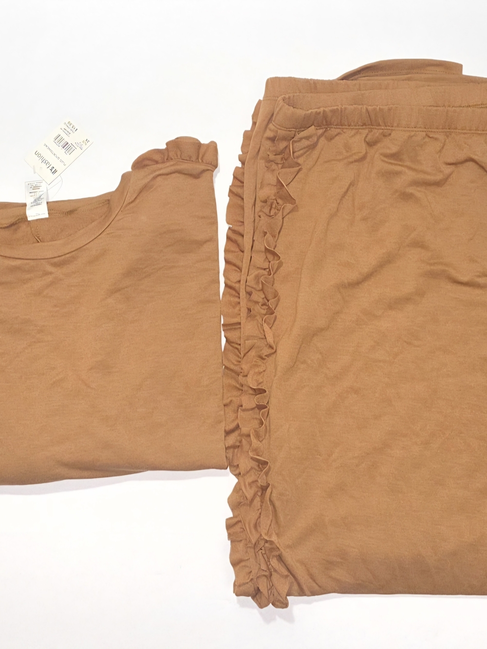 Cozy Ruffle-Trim Pajama Set in Camel Brown - Women’s Sleepwear